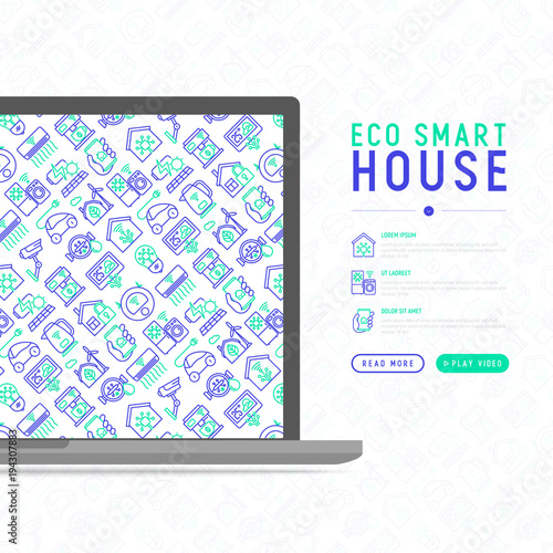 Eco smart house concept with thin line icons  solar battery  security  light settings  appliances  artificial intelligence  mobile app control. Energy saving and new technologies vector illustration.