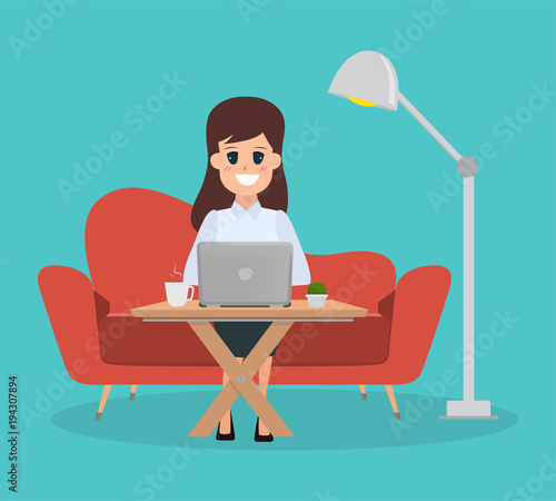 woman in freelance working design. flat cartoon people on sofa with laptop.