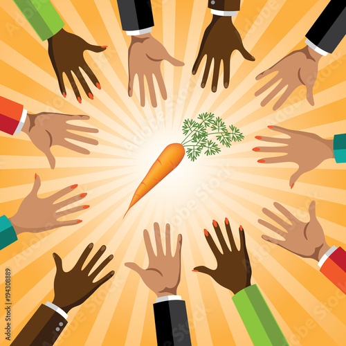 Incentive business concept. Multicultural group of men and women reaching for a dangling carrot on a stick. EPS10 vector illustration. Metaphor.