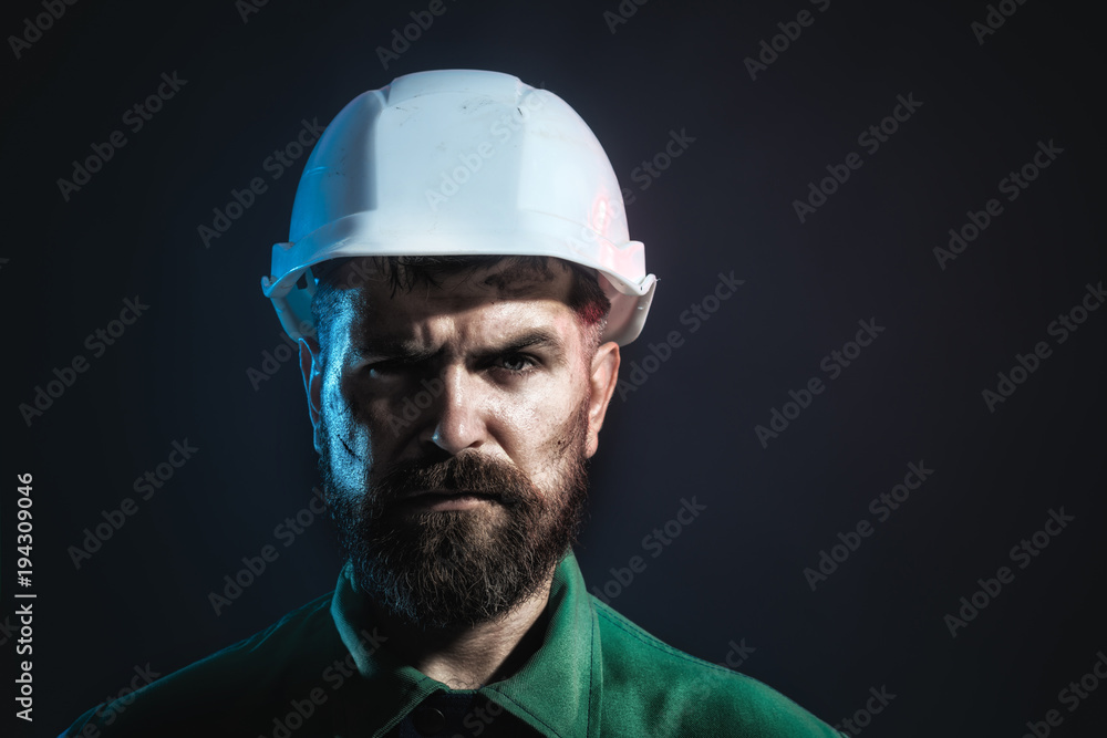 Portrait of mechanical worker. Industrial worker. Man builder. Architect, worker, engineer - work. Copy space for yours advertise. Portrait of mechanical worker. Industrial worker. Man builder. Architect, worker, engineer - work. Copy space for yours advertise.