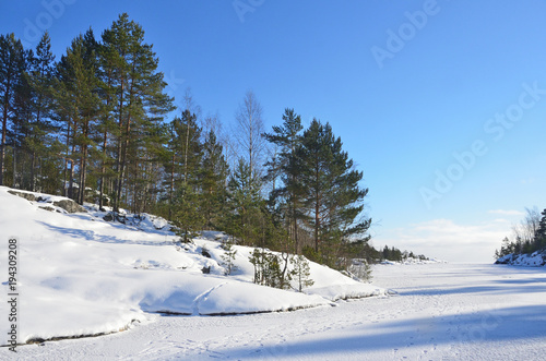 Russia, lake Ladoga (Ladozhskoye), the gulf of Murolakhti (Kocherga) in frosty winter day