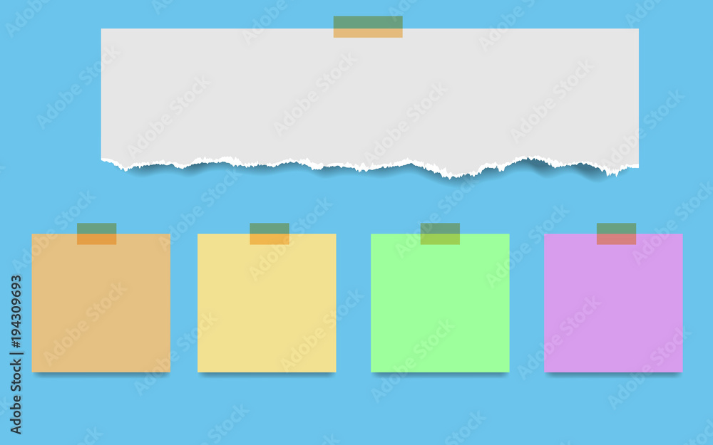 Blank squared notepad pages and tape. Note paper stuck with beige sticky tape. Blank squared notepad pages and tape. Note paper stuck with beige sticky tape.
