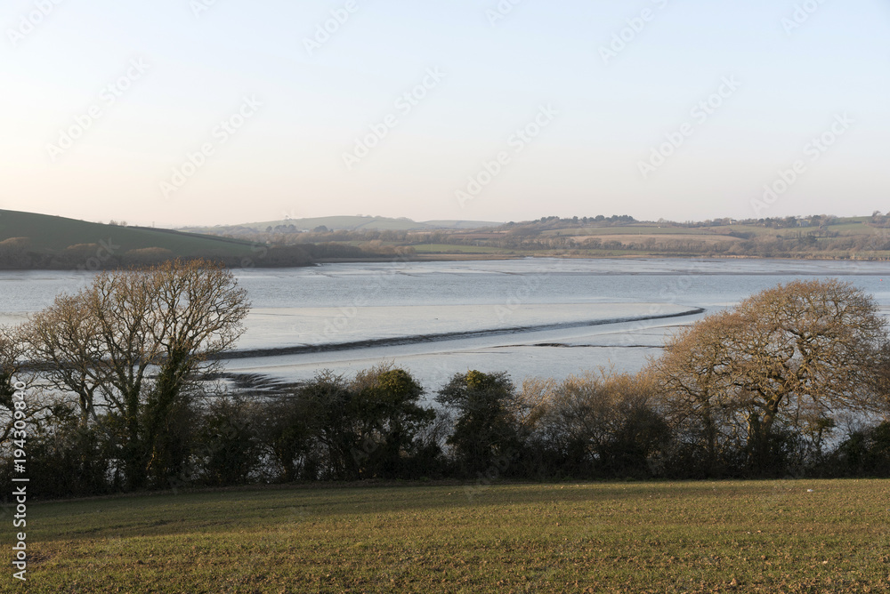 Sheviock, East Cornwall, England UK. Winter scene of farmland and the St Germans river at low tide. February 2018