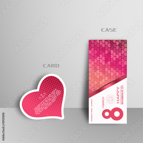 Vector set of greeting card for 8 of March with case and insert in the form of heart on the pink background with heart pattern which is leaning against the wall cut from paper with shadow.