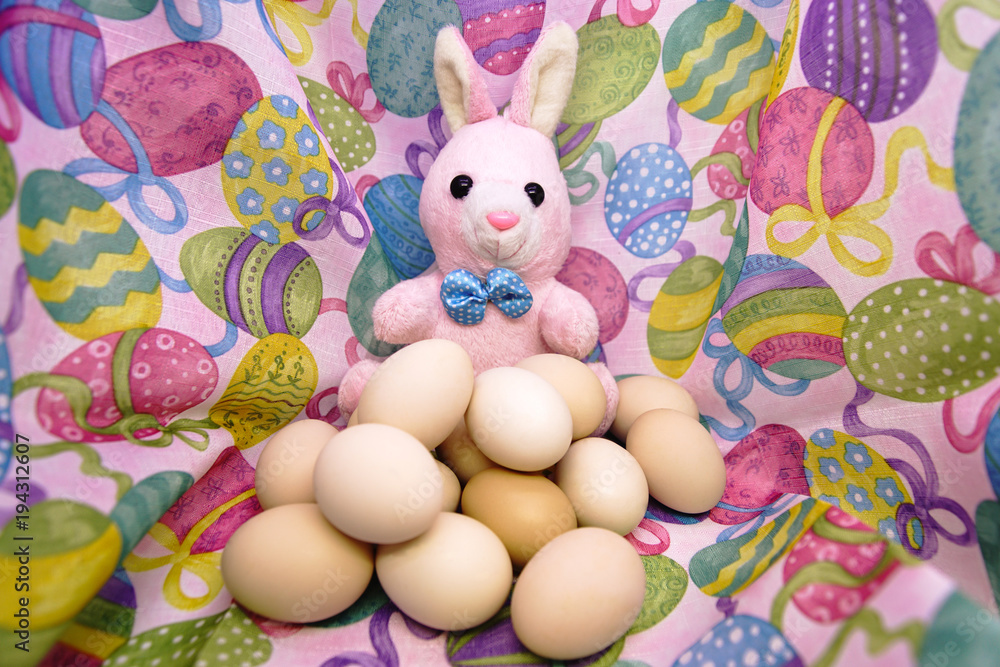 Easter bunny and raw eggs on a colored background