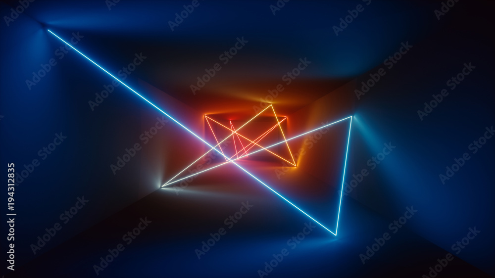 Obraz premium 3d rendering, glowing lines, neon lights, abstract psychedelic background, red blue vibrant colors, product showcase template, laser show