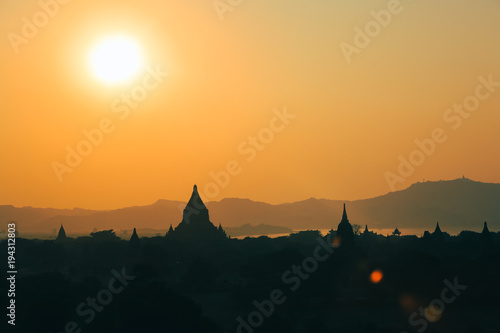 Amazing buddhist temples during the sunset in Bagan - Myanmar.