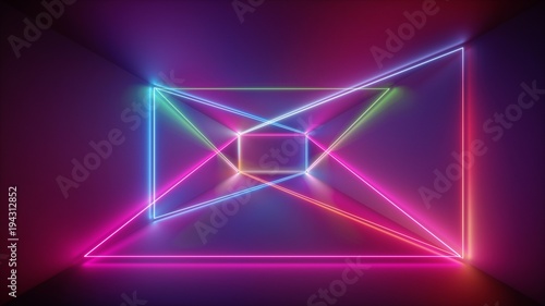 3d rendering, glowing lines, neon lights, abstract psychedelic background, purple, pink blue vibrant colors