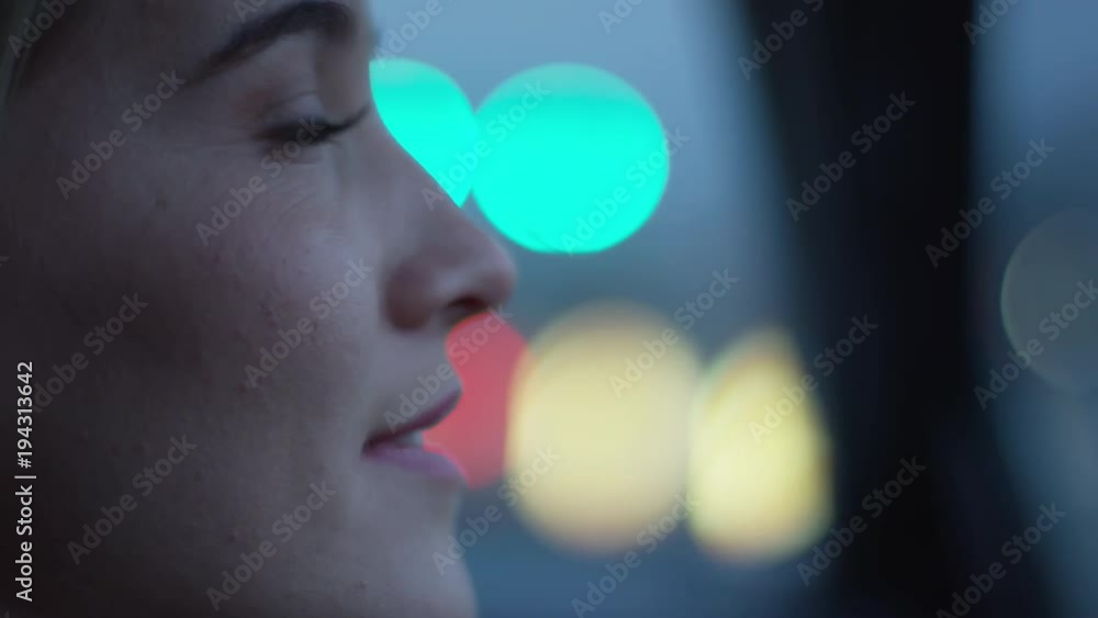 Closeup Profile Of Young Woman Enjoying City Sights From Passenger Seat, Bokeh Lights In Background - Shot On Red Scarlet-W Dragon In 4K/ Slow Motion Closeup Profile Of Young Woman Enjoying City Sights From Passenger Seat, Bokeh Lights In Background - Shot On Red Scarlet-W Dragon In 4K/ Slow Motion