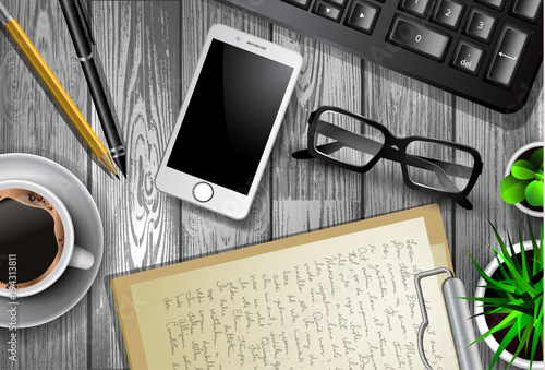 Modern workspace vector set with stationery