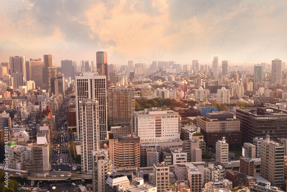 Obraz premium Cityscapes of Tokyo sunset, widok z lotu ptaka wieżowiec miasta budynku biurowego i centrum miasta i ulicy minato w Tokio z żółtym tle światła słonecznego. Japonia, Azja