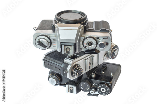 Old vintage black and silver cameras on white background, isolated
