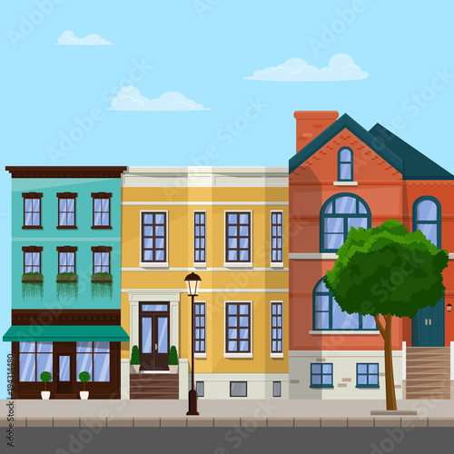 City street with apartment buildings. City architecture. Vector flat illustration.