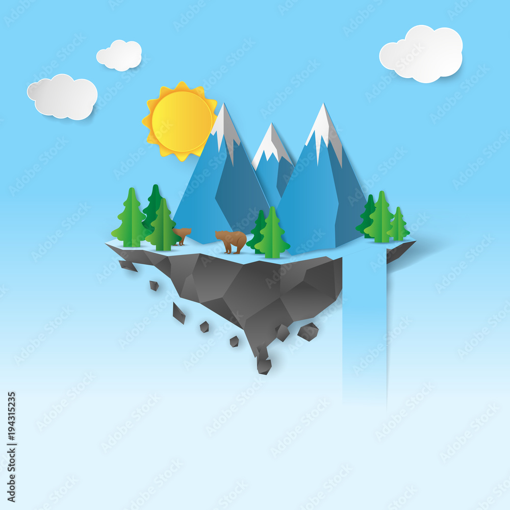 illustration of nature landscape and concept of business, plane flying on sky with cloud and mountain.design by paper art and digital craft style