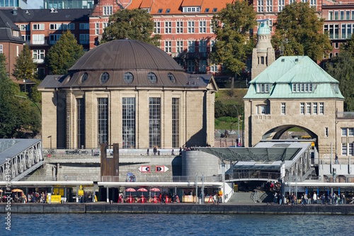 The entrance building into the Elbe Tunnel (Elbtunnel), which runs under the Elbe River for cars and pedestrians, Hamburg, Germany.