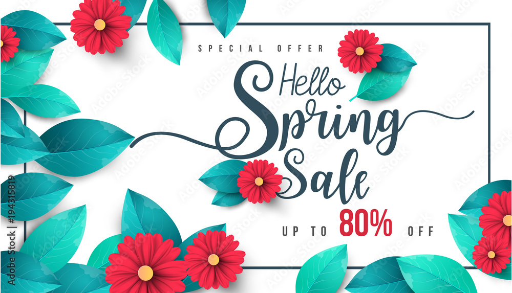 Spring Sale Banner with green leaf and colorful background. Vector Design for your greetings card, flyers,  web banner , invitation, posters, brochure, banners, calendar, spring sale. - obrazy, fototapety, plakaty 