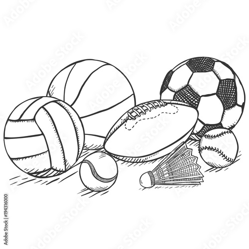 Vector Sketch Sport Set - Pile of Different Balls and Equipment