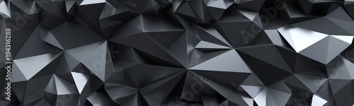 3d render, abstrakcyjne tło z czarnego kryształu, fasetowana tekstura, makro panorama, szeroka panoramiczna tapeta wielokątna