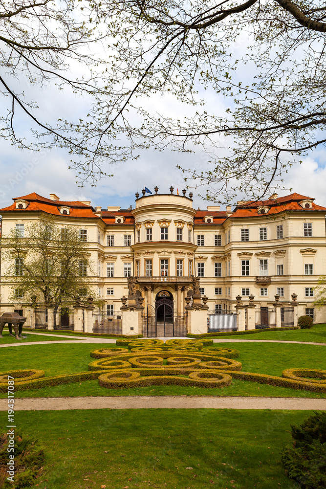 PRAGUE, CZECH REPUBLIC - APRIL 09, 2017: Lobkowicz Palace and backyard with beautiful gardening. Also German embassy.