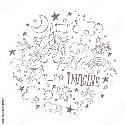 The magic vector set in circle. Unicorn, clouds, magic wand, clover and other. Vector Illustration for real dreamers. Cute design for posters, t-shirts etc.