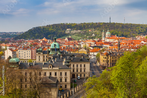 Prague rooftops. Beautiful aerial view of Mala Strana area architecture with red roofs.