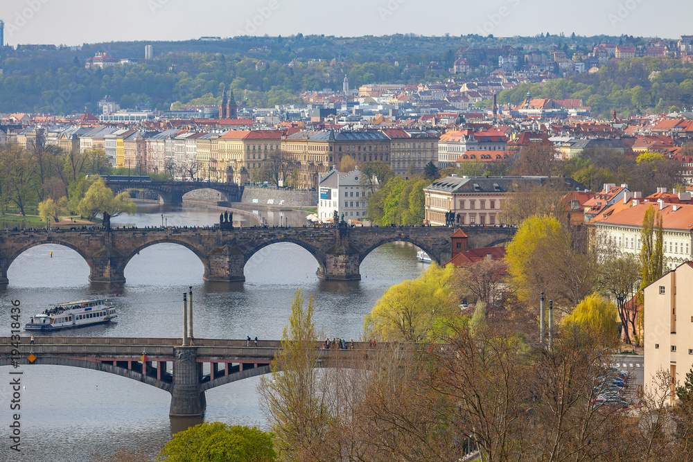 Remarkable view of Prague bridges over Vltava river. Daytime, spring season.