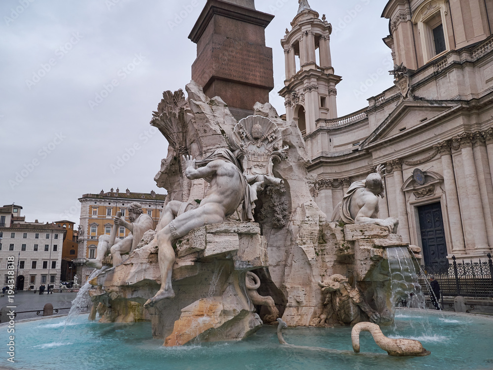 Details of the Fountain of the Four Rivers in the Piazza Navona in Rome, Italy