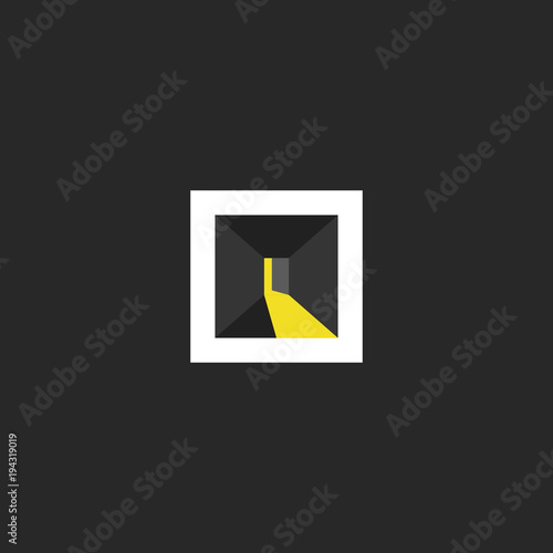 Open door logo design, abstract dark room with light in the doorway space, isometric shape interior designer emblem, exit icon