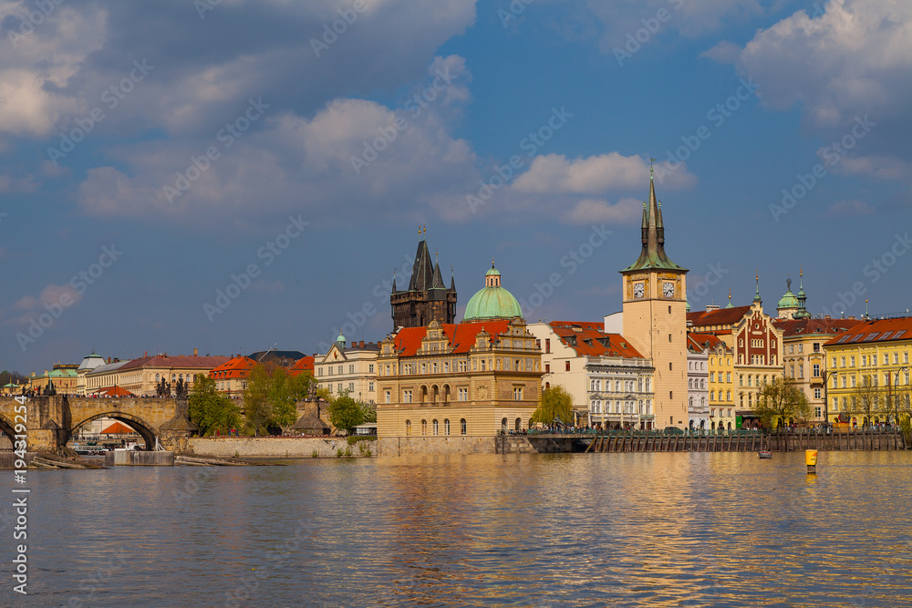 View on the river Vltava and the old town of Prague, Czech Republic, summer season, sunset time,