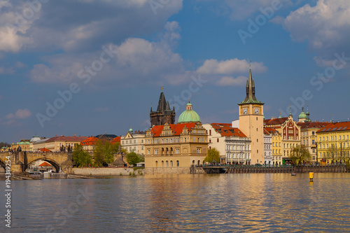 View on the river Vltava and the old town of Prague, Czech Republic, summer season, sunset time,