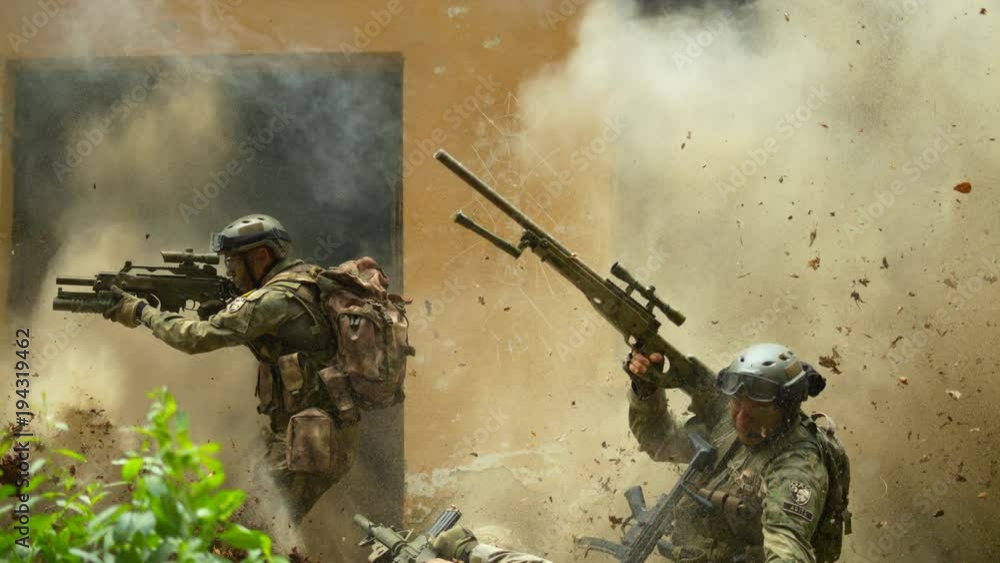 Soldiers after explosion, slow motion Soldiers after explosion, slow motion