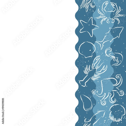 Vertical repeating pattern with seafood products. Seafood seamless banner with underwater contour animals. Tile design for restaurant menu, fish food industry or market shop.
