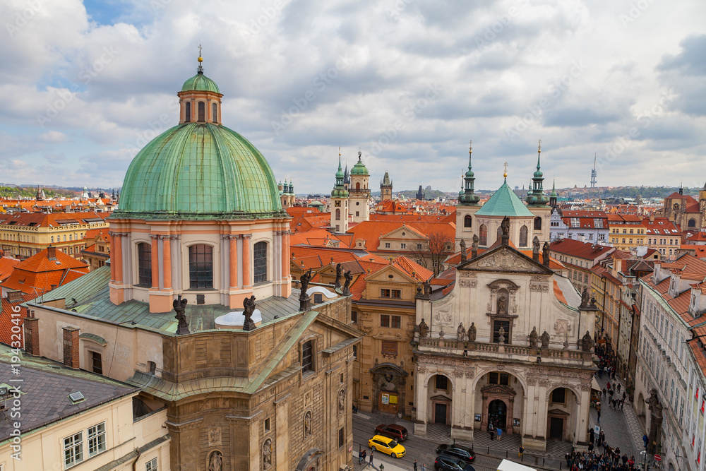 View of old city with The Church of St. Francis, Klementinum, Prague, Czech Republic
