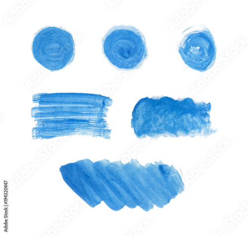 Set of blue stain hand paint, round shapes, rectangle, stripes, circles, lines isolated on white background