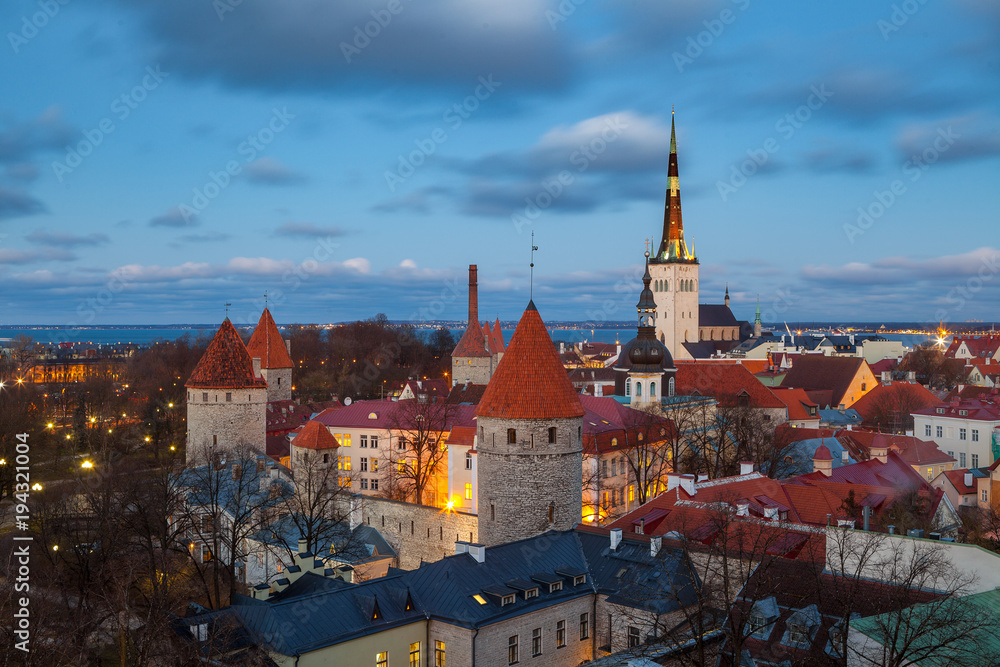 Old castle of Tallinn. Beautiful cityscape at the night with city lights