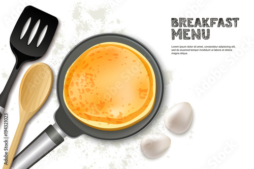 Cooking pancake vector illustration. Top view realistic pan, spatula and ingredients isolated on white background. Recipe and breakfast menu concept.
