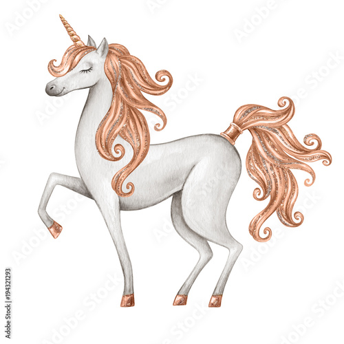 Photo watercolor unicorn illustration, fairy tale creature, rose gold curly hair, magi