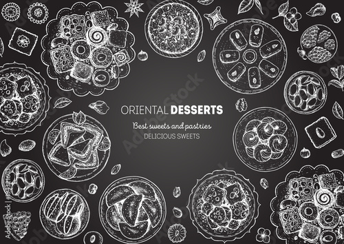 Oriental sweets vector illustration. Middle eastern food, hand drawn sketch. Linear graphic. Food menu background. Engraved style design template.