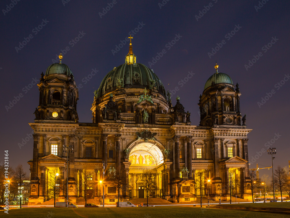 Berliner dom, Berlin, Germany. Night cityscape with traffic.