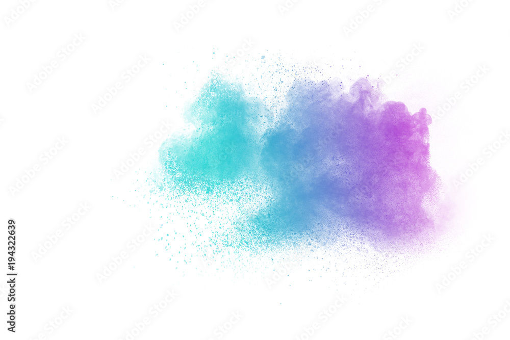 abstract explosion of blue purple dust on white background.Abstract blue purple powder splatter on white  background. Freeze motion of blue purple powder splash.