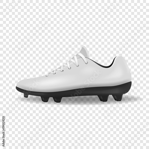 Photo-realistic vector 3d white empty, blank mens football or soccer boots, shoes icon closeup isolated on transparency grid background. Soccer game professional footballers equipment. Design template