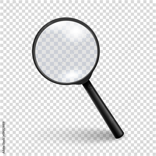 Photo-realistic vector 3d black magnifying glass or Loup icon closeup isolated on transparency grid background, side view with shadow. Design template for graphics