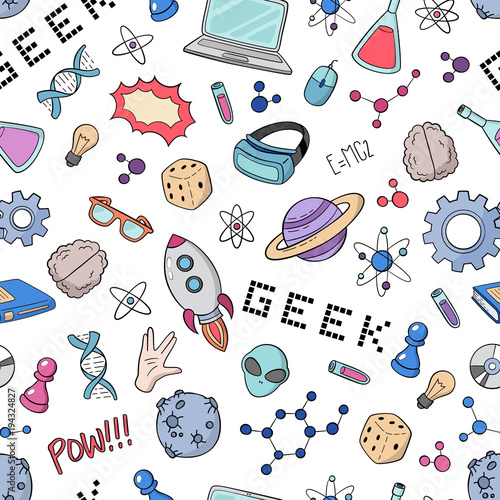 Seamless vector background, wallpaper, texture, backdrop pattern. Set of doodle cartoon icons geek, nerd, gamer. Template for packing, printing, cards, invitation, web design