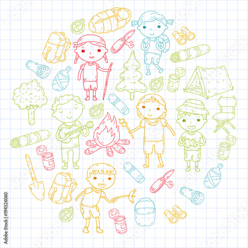 Camping. Summer vacation. Boys and girls. Kindergarten children. School students. Young scouts. Wood. Forest. Fire. Adventure and exploration.