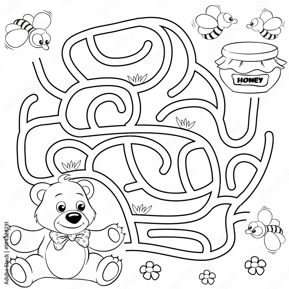 Fototapeta premium Pomóż niedźwiedziowi znaleźć drogę do miodu. Labirynt. Gra labirynt dla dzieci. Czarno-biały ilustracja wektorowa do kolorowania książki