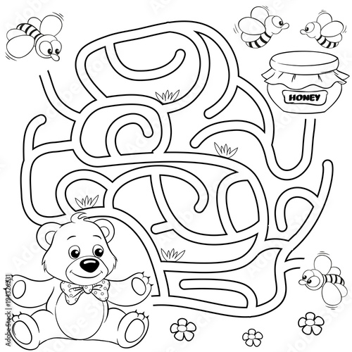 Help bear find path to honey. Labyrinth. Maze game for kids. Black and white vector illustration for coloring book
