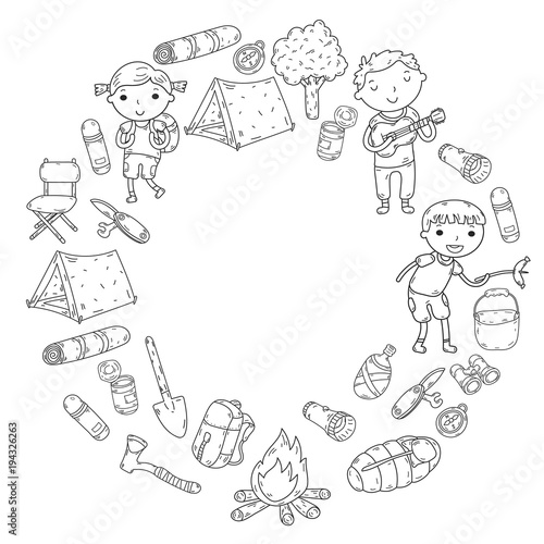 Camping. Summer vacation. Boys and girls. Kindergarten children. School students. Young scouts. Wood. Forest. Fire. Adventure and exploration.
