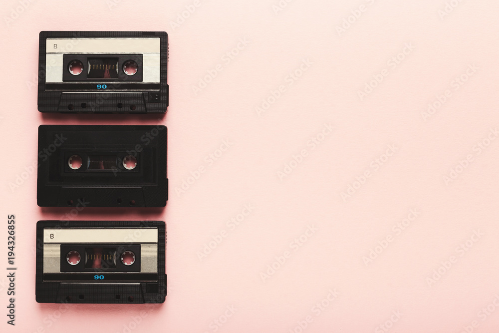 Fototapeta premium Creative background with audio cassettes of different colors