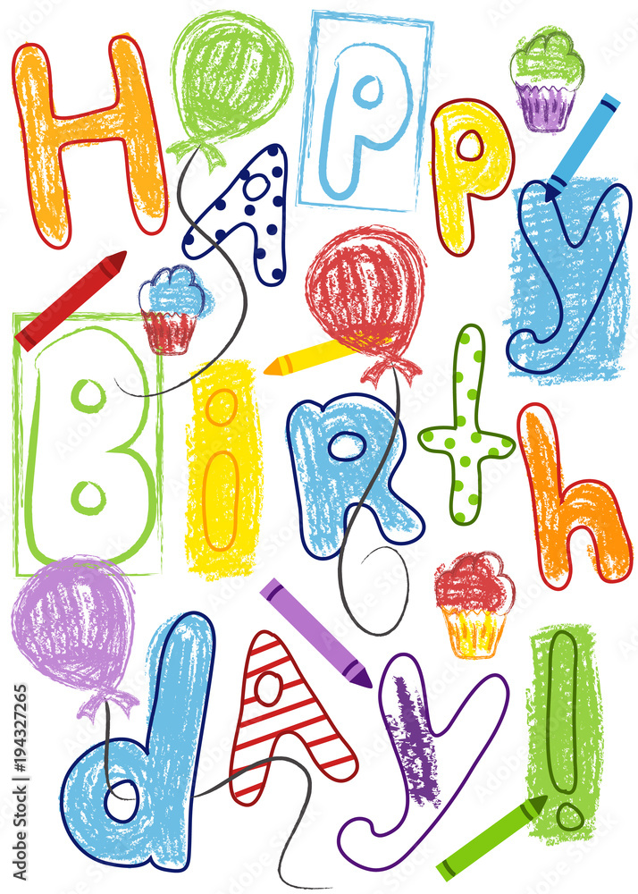 Fototapeta Happy birthday lettering. Colorful birthday card with hand lettering, balloons, cupcakes and crayons. Typography.