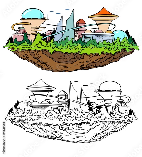 City of the future, floating in the sky. Bonus black outline version.